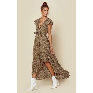 Kivari Capri Tie Up Brown Polka Dot High-Low Flutter Sleeve Midi Dress Size XS
